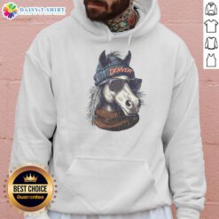 Alt Text: Denver Broncos mascot in a beanie and sunglasses, wearing a hoodie, showcasing team spirit and style.