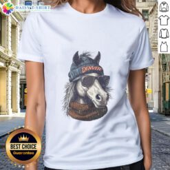Denver Broncos mascot in a beanie and sunglasses on a ladies tee, showcasing team spirit and style.