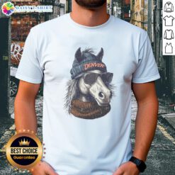 Alt Text: Denver Broncos mascot in a beanie and sunglasses on a T-shirt, showcasing team spirit and style.