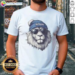 Detroit Lions mascot in a beanie and sunglasses on a t-shirt, showcasing team spirit and style.