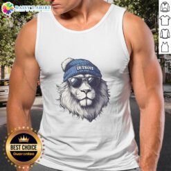 Detroit Lions mascot in a beanie and sunglasses, wearing a tank top, showcasing team spirit and fun.