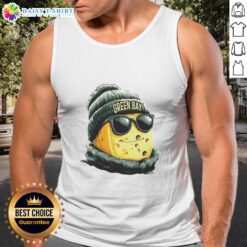 Alt Text: Green Bay Packers mascot in a beanie and sunglasses, wearing a tank top, ready for game day fun.
