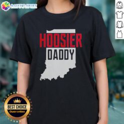 Good Hoosier Daddy Indiana State Map Ladies Tee featuring a colorful Indiana map design for stylish state pride.
