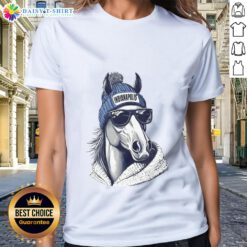 Alt Text: Fun Indianapolis Colts mascot wearing a beanie and sunglasses on a ladies' tee, perfect for NFL fans.