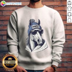 Indianapolis Colts mascot in a beanie and sunglasses, sporting a sweatshirt, ready for game day excitement.