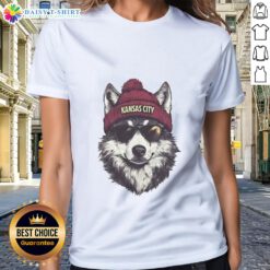 Kansas City Chiefs mascot in a beanie and sunglasses, showcasing a stylish ladies tee for fans.