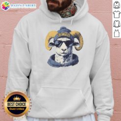 Los Angeles Rams mascot wearing a beanie and sunglasses, showcasing team spirit in a stylish hoodie.