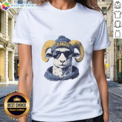 Los Angeles Rams mascot in a beanie and sunglasses, showcasing team spirit on a ladies' tee.
