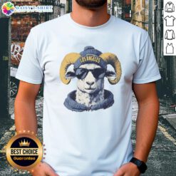 Los Angeles Rams mascot in a beanie and sunglasses on a fun T-shirt, showcasing team spirit and style.