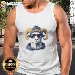 Los Angeles Rams mascot in a beanie and sunglasses, wearing a tank top, ready for a fun game day atmosphere.