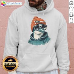 Good Miami Dolphins mascot wearing a beanie and sunglasses hoodie, showcasing team spirit and style.