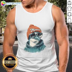Miami Dolphins mascot in a beanie, sunglasses, and tank top, showcasing team spirit at a game.