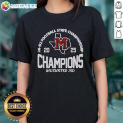 Good Muenster ISD 2A D2 Football State Champions Ladies Tee featuring team logo and winning colors.