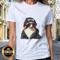 New York Jets mascot in a beanie and sunglasses, showcasing team spirit on a ladies' tee.