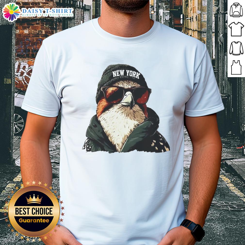 Alt Text: Good New York Jets mascot in a beanie and sunglasses on a t-shirt, showcasing team spirit and style.