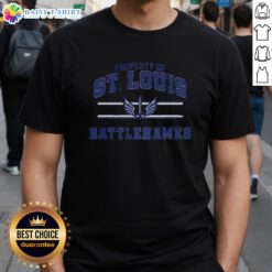 Alt Text: St. Louis Battlehawks UFL logo stripes t-shirt featuring vibrant colors and team branding for fans.