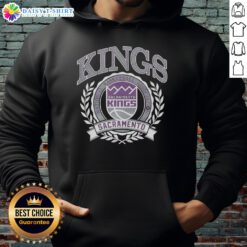 Alt Text: Retro Sacramento Kings NBA logo hoodie featuring a laurel wreath frame, perfect for basketball fans.