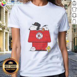 Good Snoopy and Woodstock in Boston Red Sox dugout, MLB baseball ladies tee featuring iconic cartoon characters.