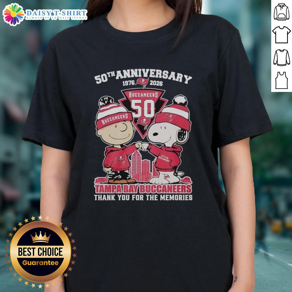 Good Tampa Bay Buccaneers outfit featuring Snoopy and Charlie Brown 50th Anniversary ladies' tee, 1976-2026.