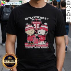 Stylish Tampa Bay Buccaneers outfit featuring Snoopy and Charlie Brown 50th Anniversary 1976-2026 T-shirt.
