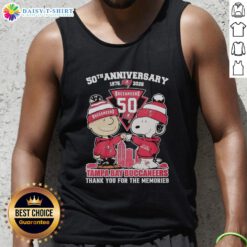 Good Tampa Bay Buccaneers outfit featuring a Snoopy and Charlie Brown 50th Anniversary tank top, celebrating 1976-2026.