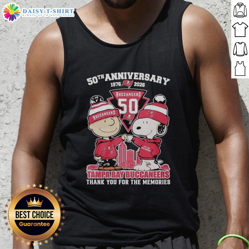 Good Tampa Bay Buccaneers outfit featuring a Snoopy and Charlie Brown 50th Anniversary tank top, celebrating 1976-2026.