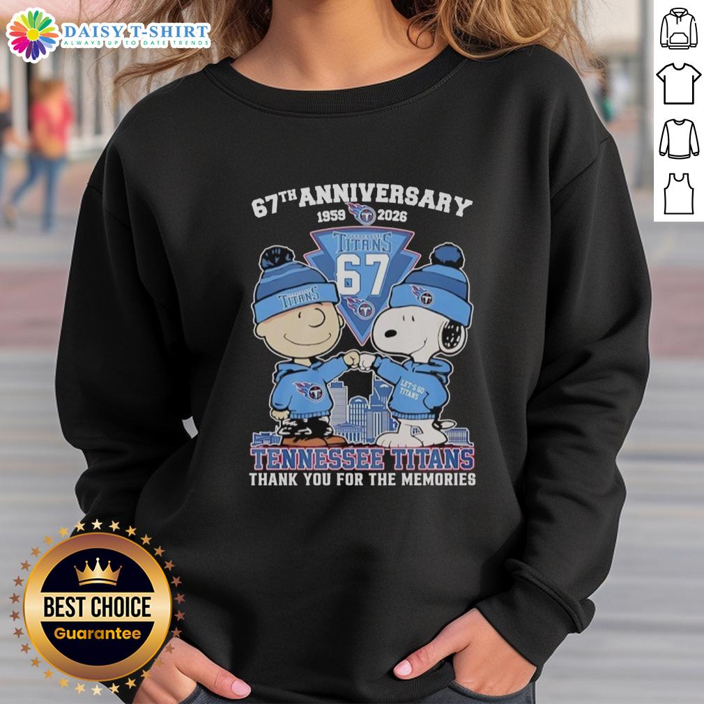 Alt Text: Good Tennessee Titans outfit featuring Snoopy and Charlie Brown 67th Anniversary sweatshirt, perfect for fans.