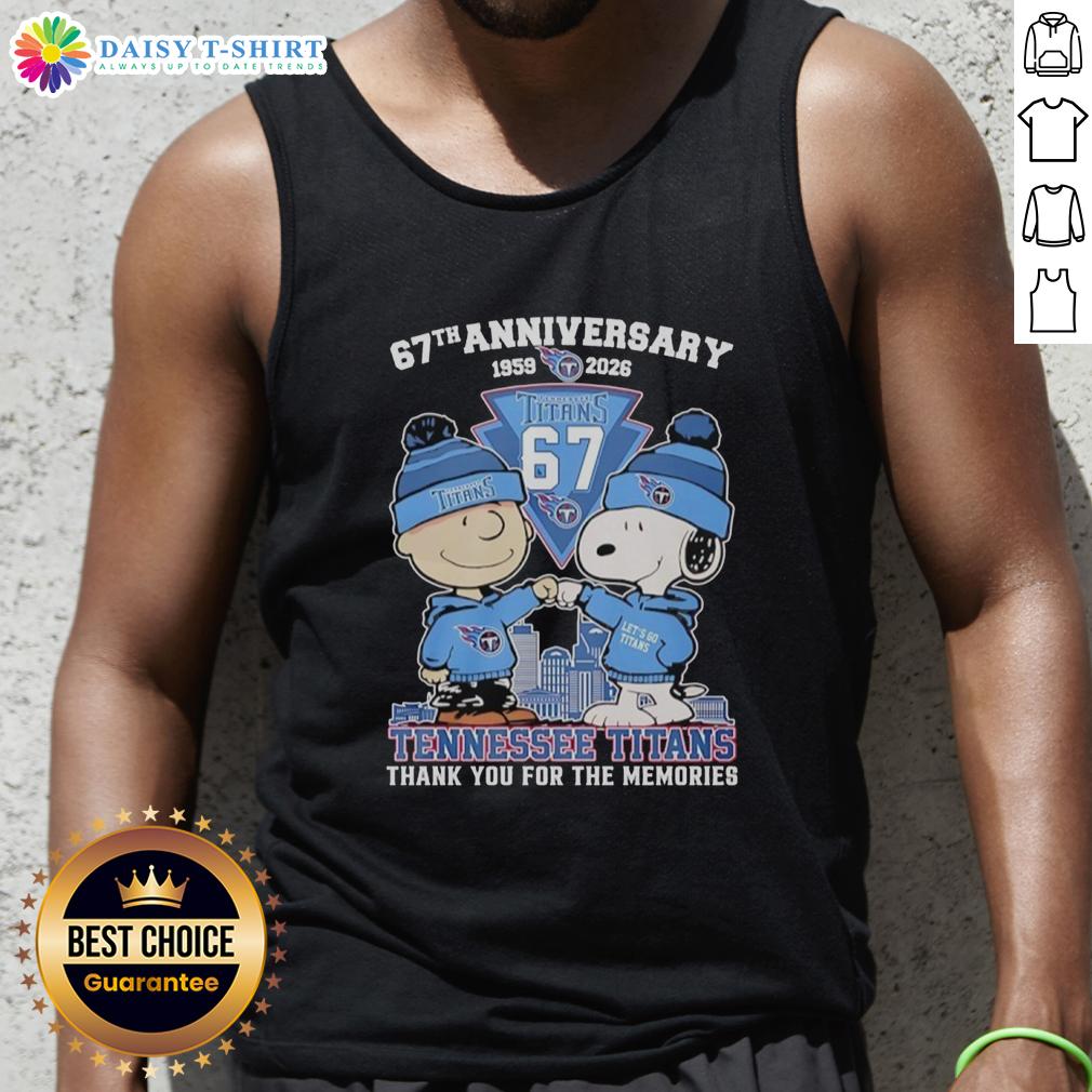 Alt Text: Stylish Tennessee Titans tank top featuring Snoopy and Charlie Brown for their 67th anniversary (1959-2026).