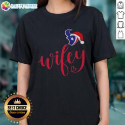 Good Wifey Houston Texans Santa Hat Merry Christmas Ladies Tee featuring festive design and team spirit for holiday cheer.