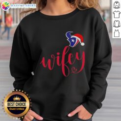 Good Wifey Houston Texans sweatshirt with Santa hat for a Merry Christmas celebration, perfect for holiday fans.