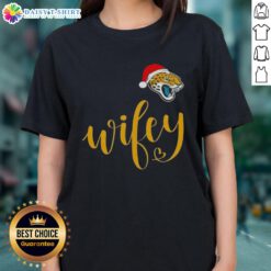 Good Wifey Jacksonville Jaguars Santa Hat Merry Christmas Ladies Tee, perfect holiday shirt for football fans.