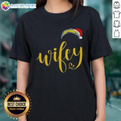 Good Wifey Los Angeles Chargers Santa Hat Merry Christmas Ladies Tee, perfect for festive football fans this holiday season.