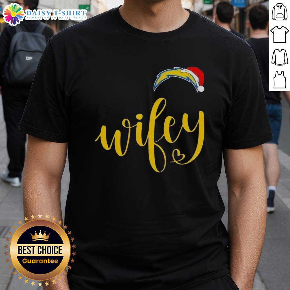 Good Wifey Los Angeles Chargers Santa Hat Merry Christmas T-Shirt featuring festive design for football fans.