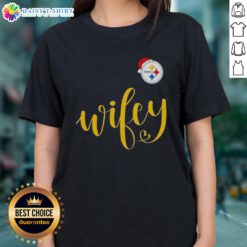 Good Wifey Pittsburgh Steelers Santa Hat Merry Christmas Ladies Tee featuring festive design for holiday cheer.