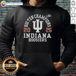 Alt Text: Happy Indiana Hoosiers logo on a 2025 Big Ten Football Champions hoodie, showcasing team spirit and pride.
