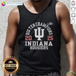 Happy Indiana Hoosiers Logo on a 2025 Big Ten Football Champions tank top, showcasing team spirit and pride.