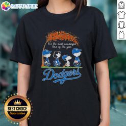 Happy Los Angeles Dodgers X Peanuts Snoopy and Friends ladies tee celebrating autumn as the most wonderful time of the year.