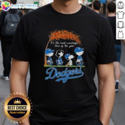 Alt Text: Happy Los Angeles Dodgers X Peanuts Snoopy and Friends autumn t-shirt featuring festive design for the holiday season.