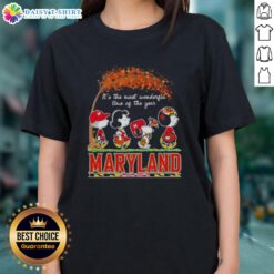 Happy Maryland Terrapins X Peanuts Snoopy and Friends autumn ladies tee celebrating the most wonderful time of the year.