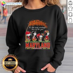 Alt Text: Happy Maryland Terrapins sweatshirt featuring Snoopy and friends, perfect for autumn and holiday celebrations.