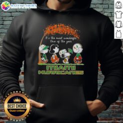Alt Text: Happy Miami Hurricanes X Peanuts Snoopy and Friends autumn hoodie, celebrating the most wonderful time of the year.