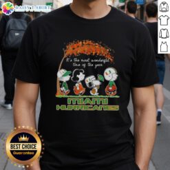 Alt Text: Happy Miami Hurricanes X Peanuts Snoopy and Friends autumn T-shirt celebrating the most wonderful time of the year.