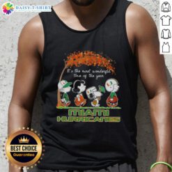 Happy Miami Hurricanes tank top featuring Peanuts Snoopy and friends, celebrating autumn and the joy of the season.