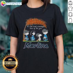 Happy Miami Marlins x Peanuts Snoopy and Friends autumn tee for ladies, celebrating the most wonderful time of the year.