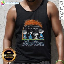Alt Text: Happy Miami Marlins X Peanuts Snoopy and Friends autumn tank top, celebrating the most wonderful time of the year.