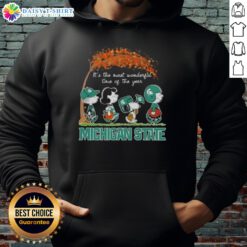 Alt Text: Happy Michigan State Spartans hoodie featuring Snoopy and friends, perfect for autumn's most wonderful time.