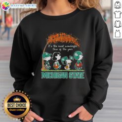 Happy Michigan State Spartans sweatshirt featuring Snoopy and friends, perfect for autumn and celebrating the season.