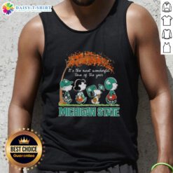 Alt Text: Happy Michigan State Spartans tank top featuring Snoopy and friends, perfect for autumn festivities and sports fans.