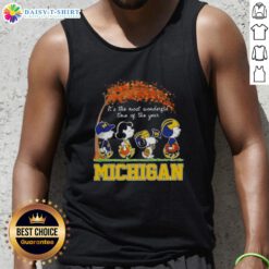 Happy Michigan Wolverines tank top featuring Snoopy and friends, celebrating autumn and the joy of the season.