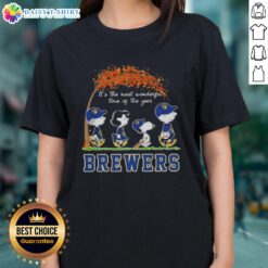 Happy Milwaukee Brewers X Peanuts Snoopy tee for autumn, celebrating 'It's The Most Wonderful Time Of The Year'.
